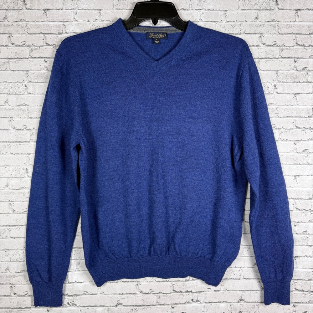 Garrett Scott 100% Merino Wool Blue V-Neck Sweater Mens Size XL